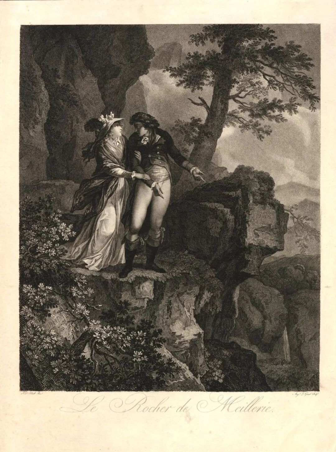 Le rocher de Meillerie（梅耶里岩石）版画：圣普乐指给朱莉看刻名，Augustin Legrand 制作（after Jean-Frédéric Schall），点刻铜版画，收藏于大英博物馆（British Museum），1795.jpg